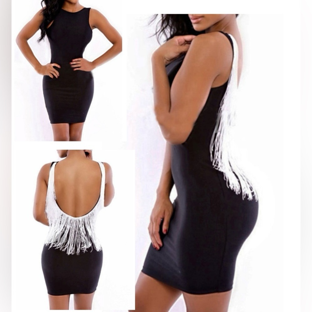 Bodycon Dress - White Fringe Accent / Backless Junior size L stretch fabric